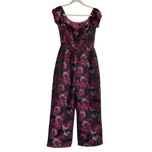 Lulus New Glam Black Floral Jacquard Bustier Off the Shoulder Jumpsuit Sz Small